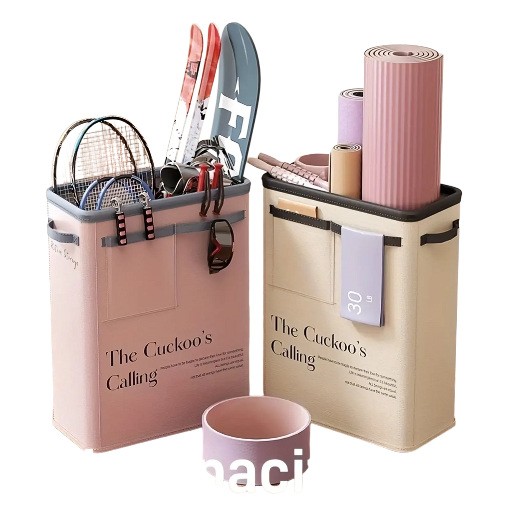 Pink and beige fabric yoga mat storage basket with the cucko’s calling print for organizing sports gear and fitness gear