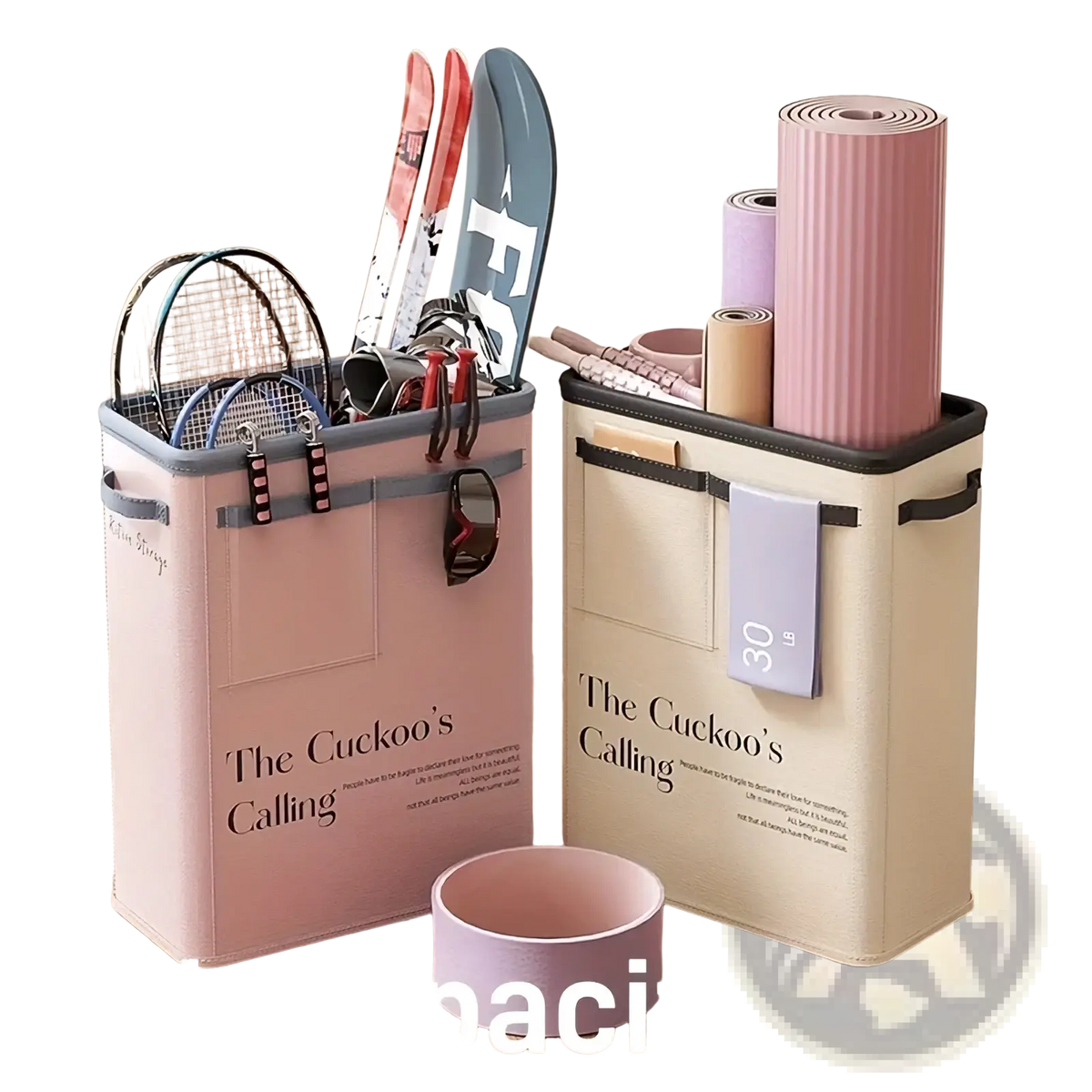 Pink and beige fabric yoga mat storage basket with the cucko’s calling print for organizing sports gear and fitness gear