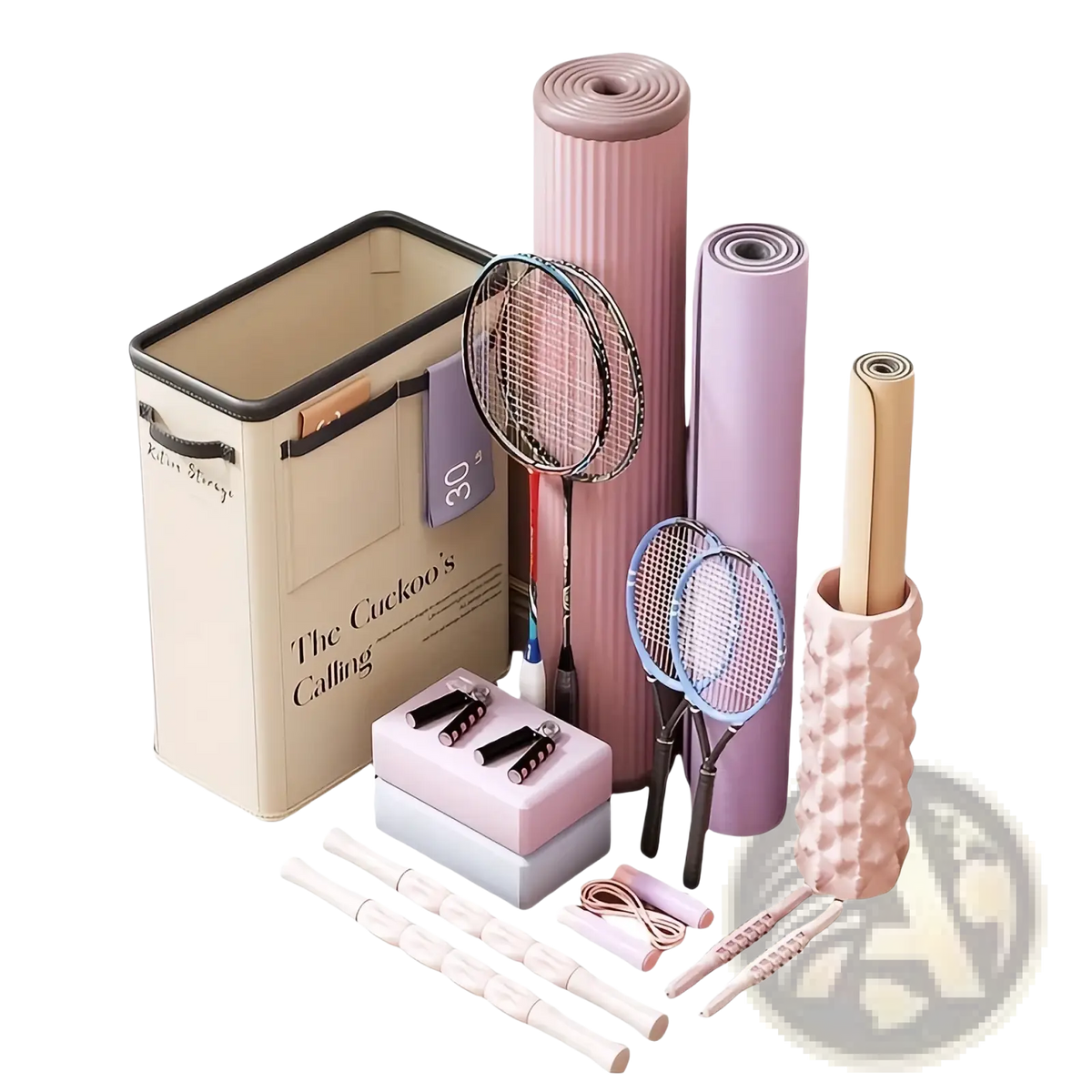 Pink textured foam roller with honeycomb pattern in yoga mat storage basket fitness organizer for workout use