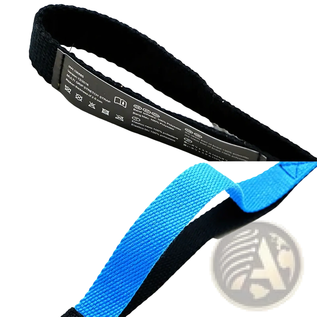 Yoga stretch strap with loops in black and bright blue multi-grade stretch material and metallic label detailing specifications