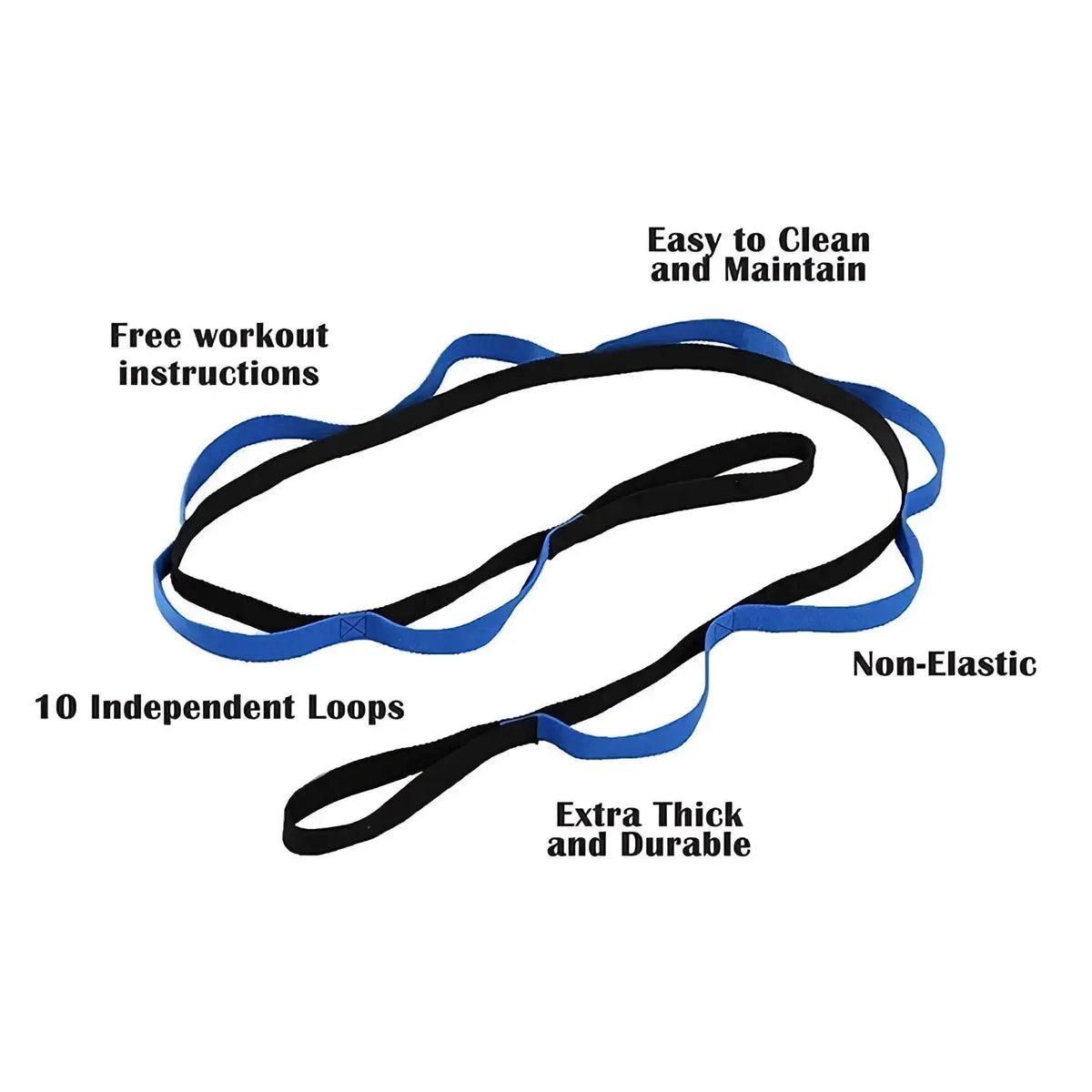 Blue and black yoga stretch strap with loops made of extra thick durable non-elastic material for fitness use