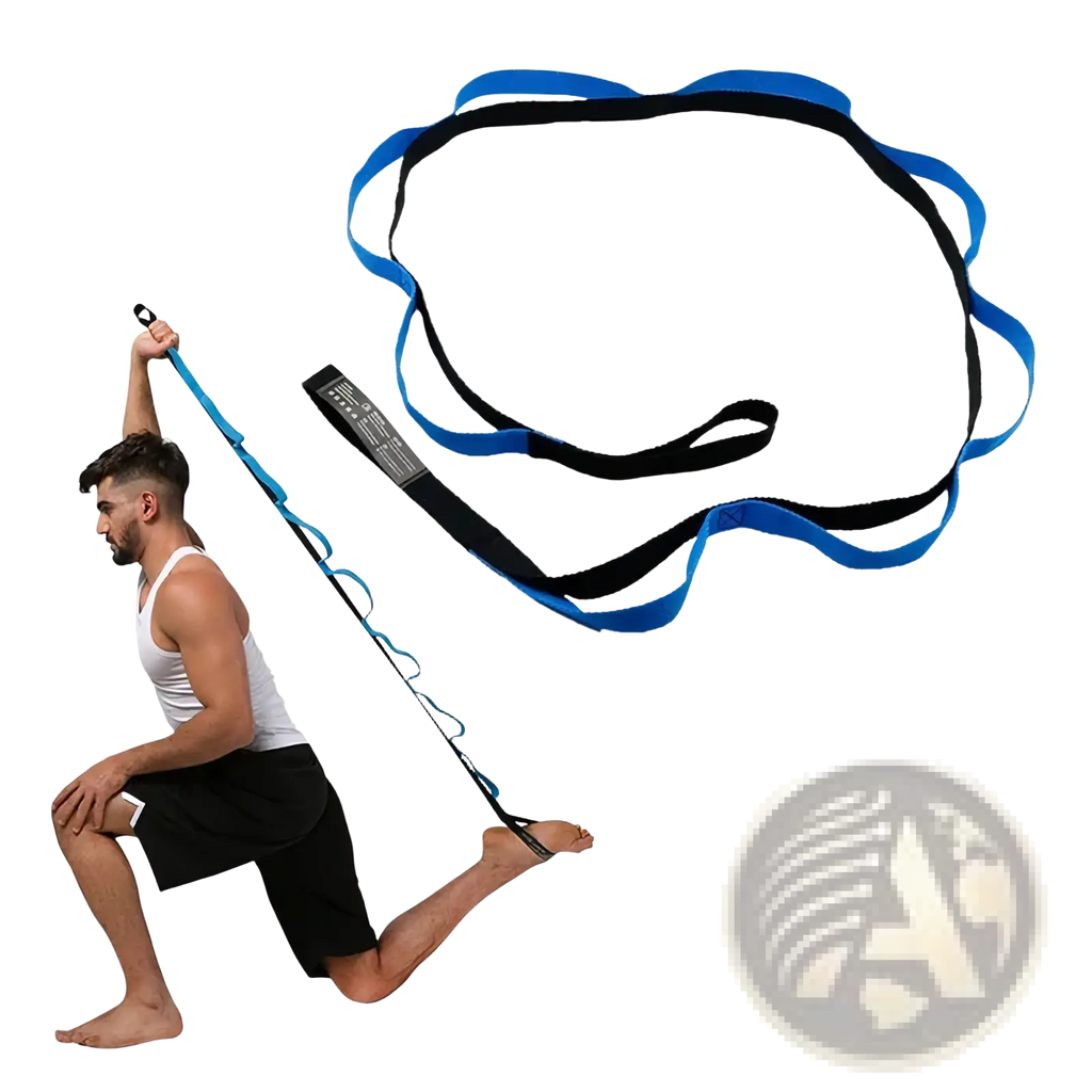 Blue and black yoga stretch strap with loops and handle for fitness stretching and resistance exercises