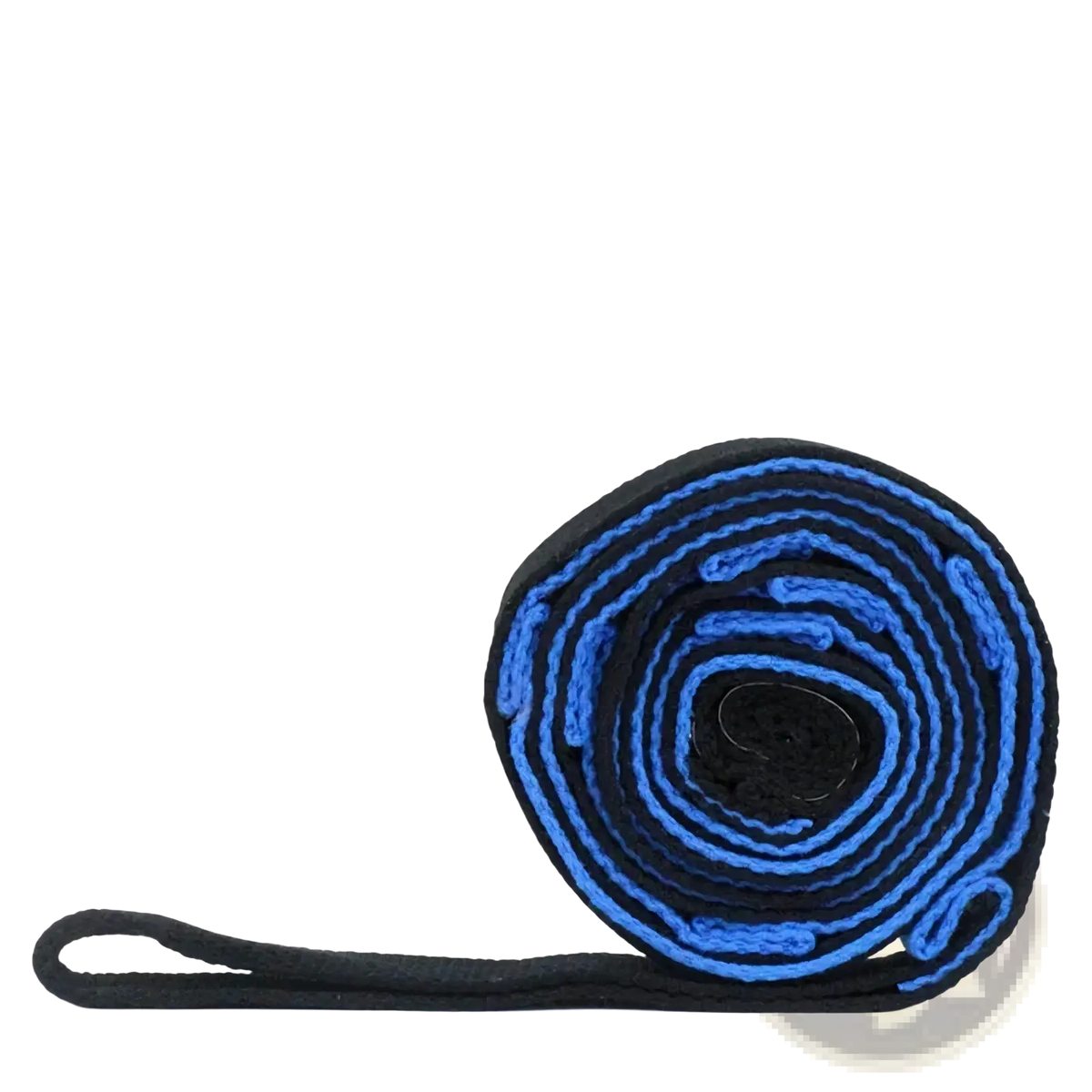 A coiled blue and black yoga stretch strap with loops made of textured woven fabric for fitness and flexibility