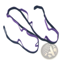 Purple and black elastic yoga stretch strap with loops and contoured design for foot or ankle support