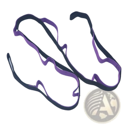 Purple and black elastic yoga stretch strap with loops and contoured design for foot or ankle support
