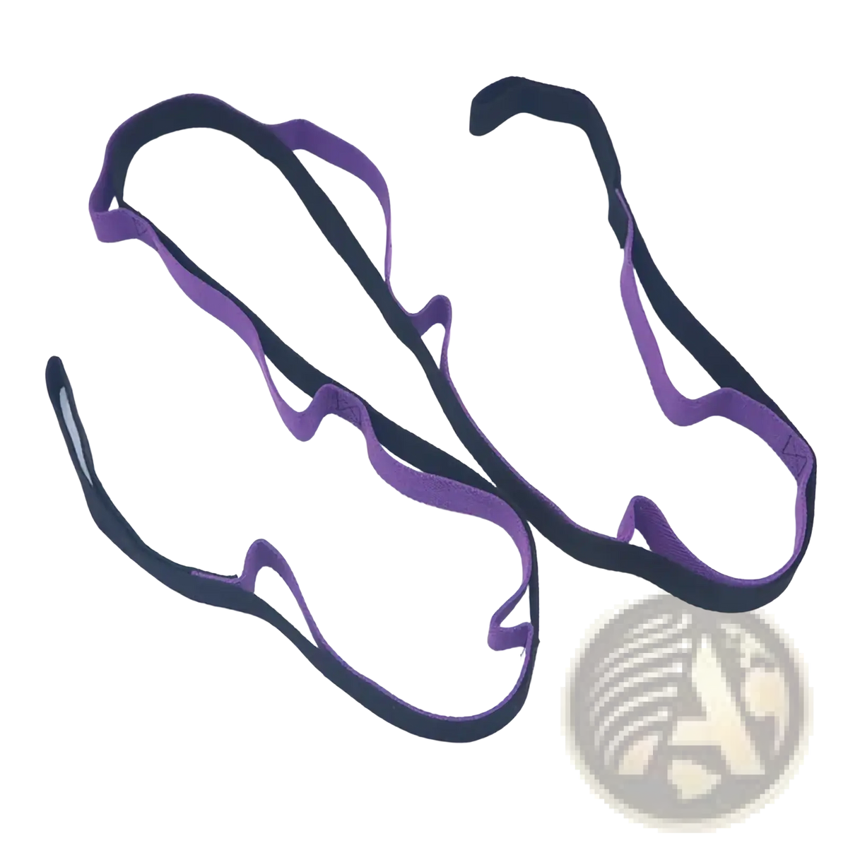 Purple and black elastic yoga stretch strap with loops and contoured design for foot or ankle support