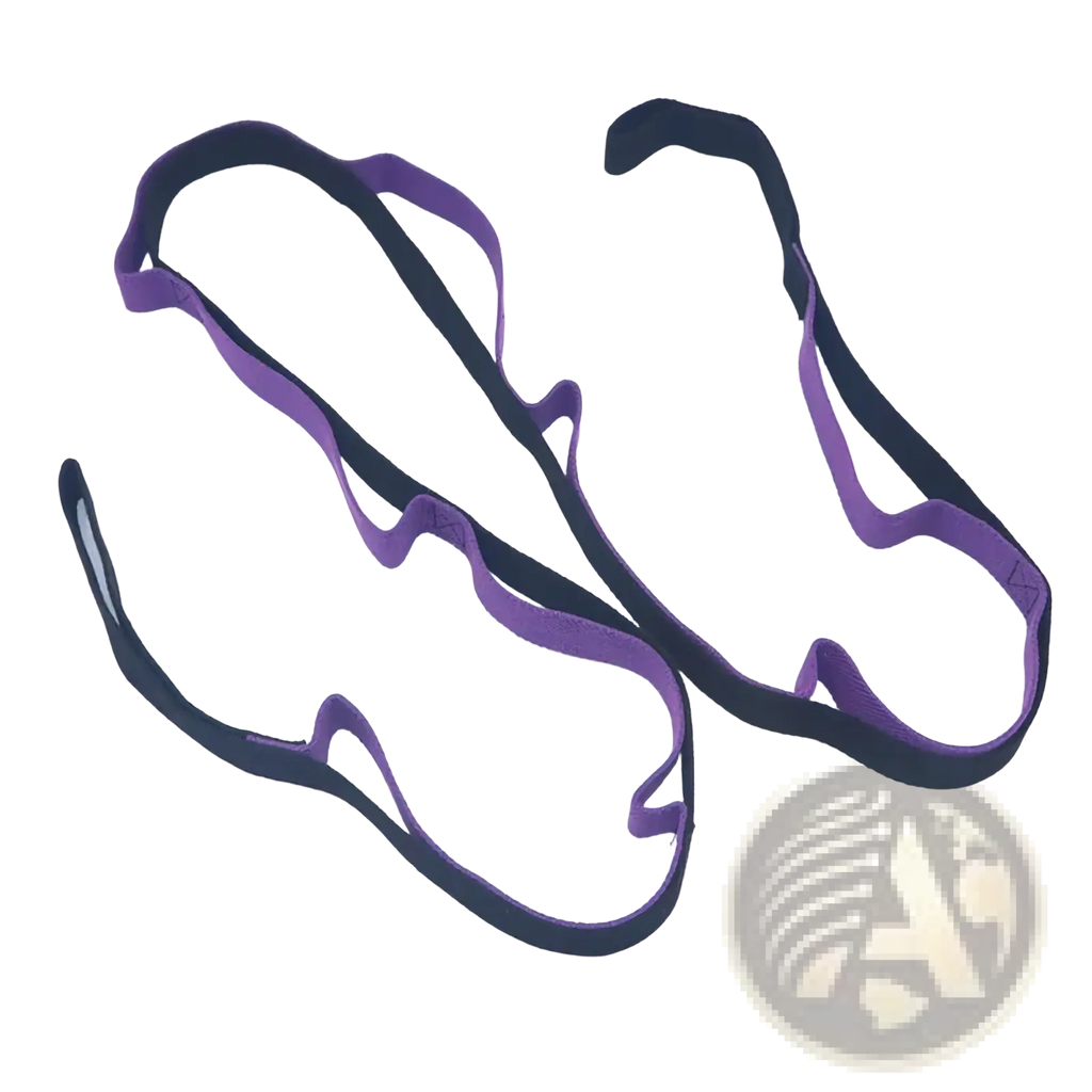 Purple and black elastic yoga stretch strap with loops and contoured design for foot or ankle support