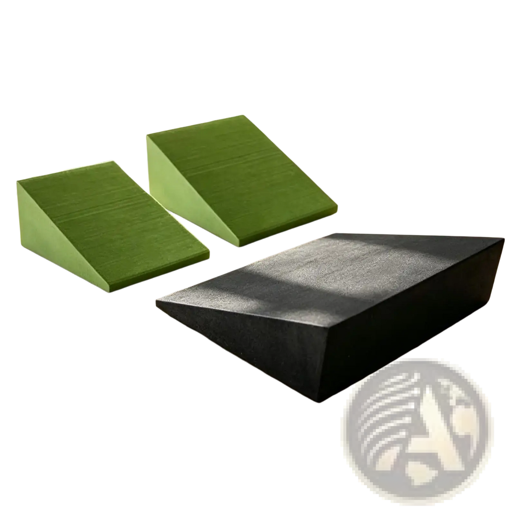 Set of three triangular yoga wedge blocks in vibrant green and matte black dense foam for stretching and squats