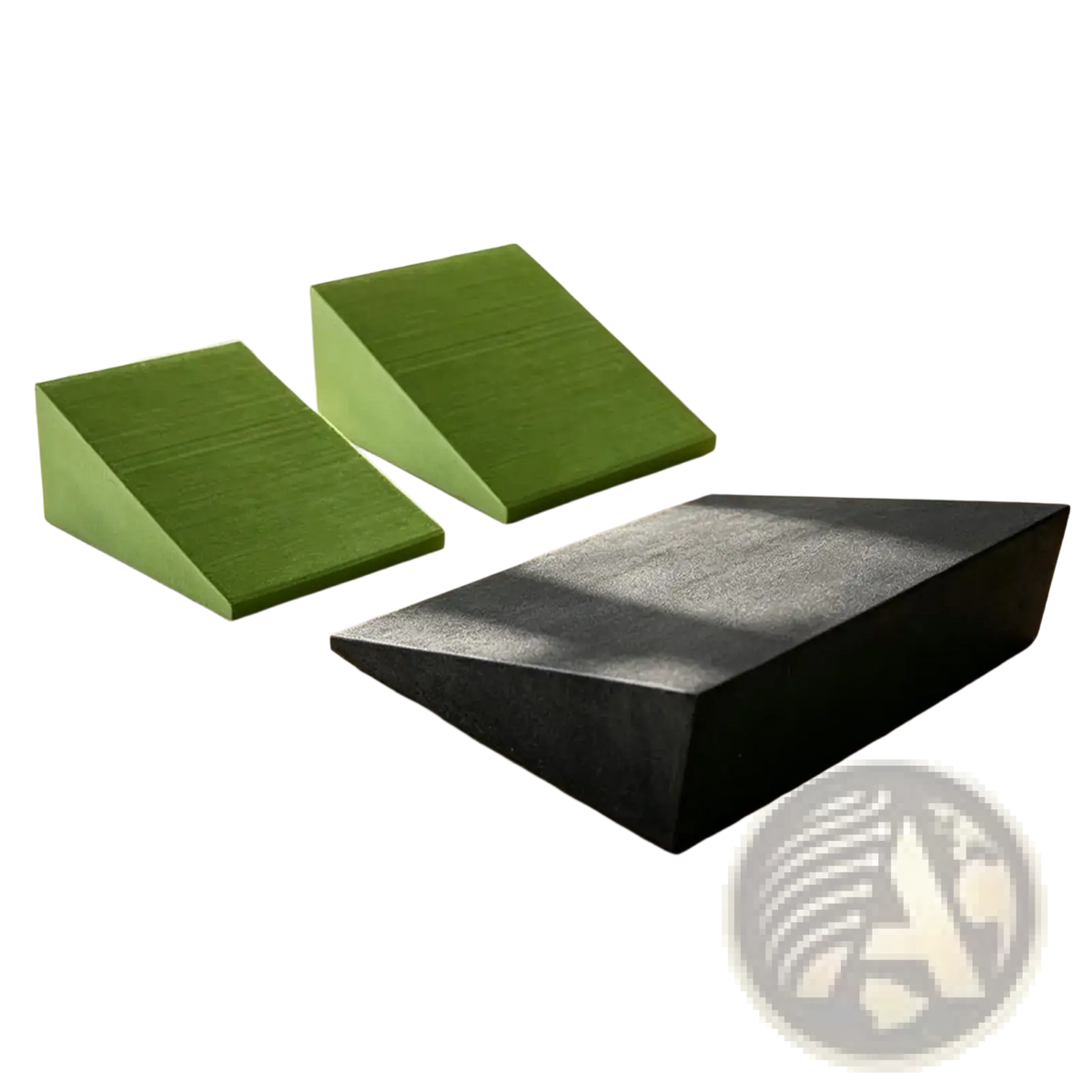 Set of three triangular yoga wedge blocks in vibrant green and matte black dense foam for stretching and squats