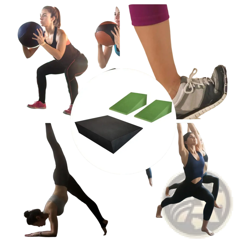 Set of three green and black foam yoga wedge blocks for stretching and squats in fitness training