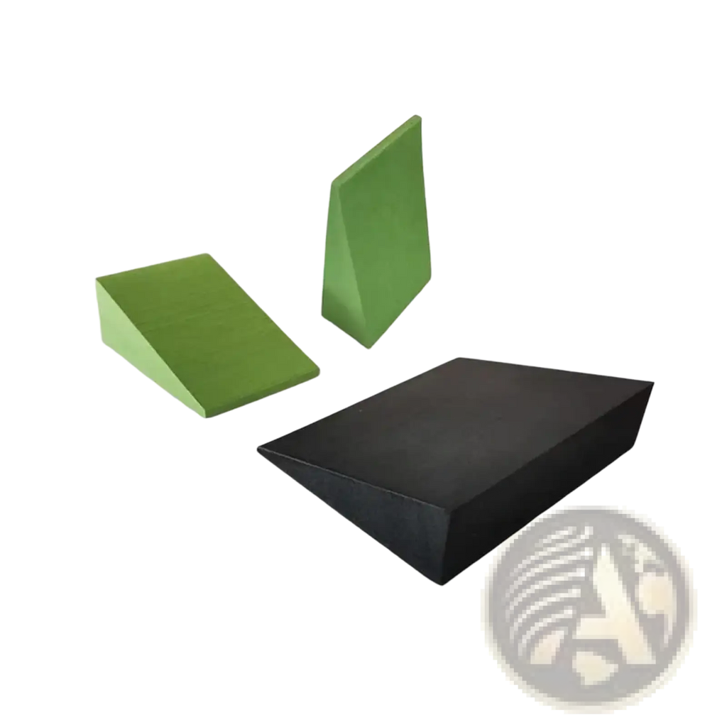 Yoga wedge block made of green and black foam with precise dimensional markings for stretching and squats