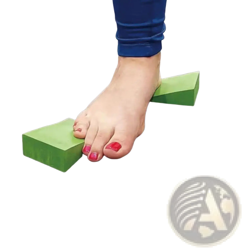 Green and black triangular foam yoga wedge block designed for stretching and squats foot orthotics shown from the back side