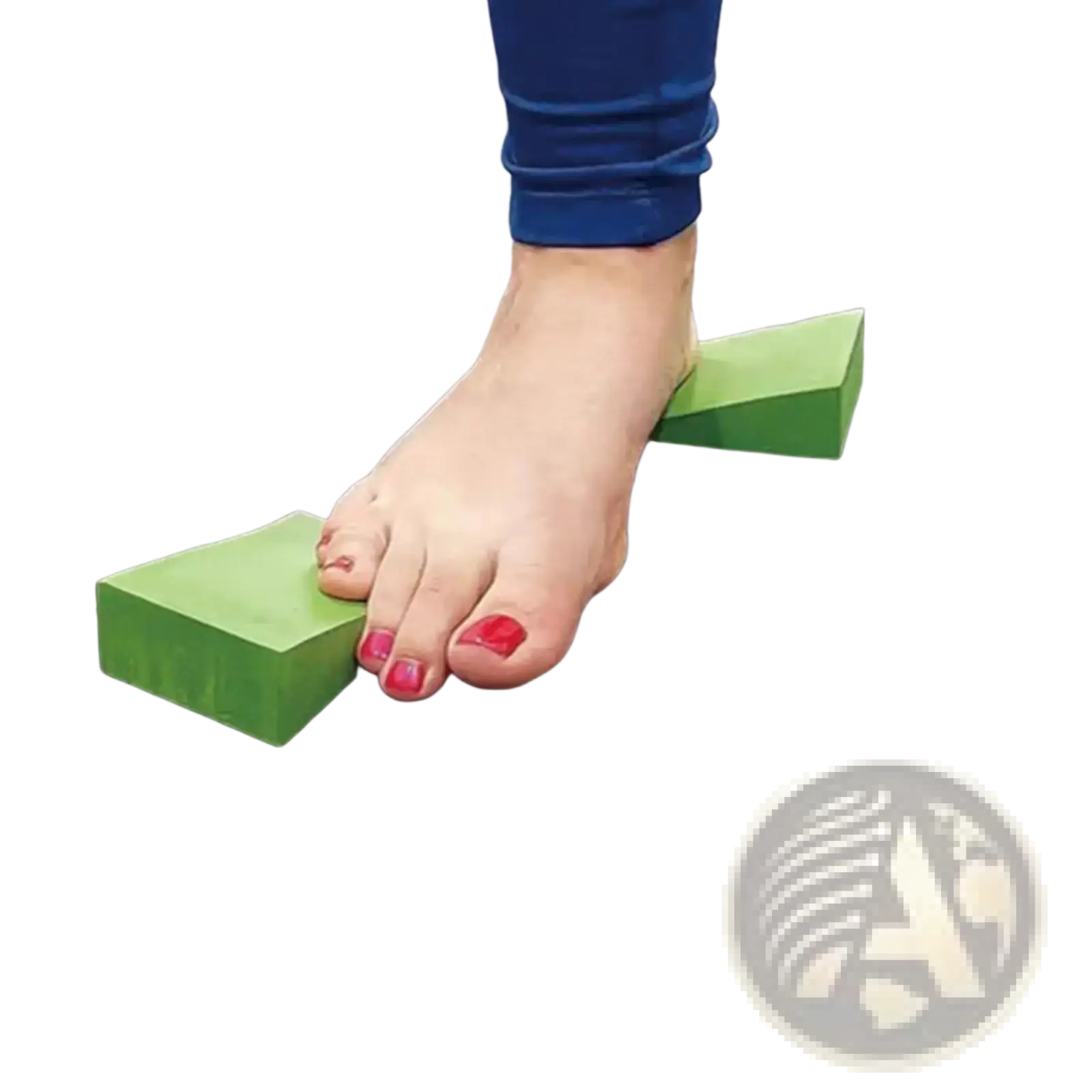 Green and black triangular foam yoga wedge block designed for stretching and squats foot orthotics shown from the back side