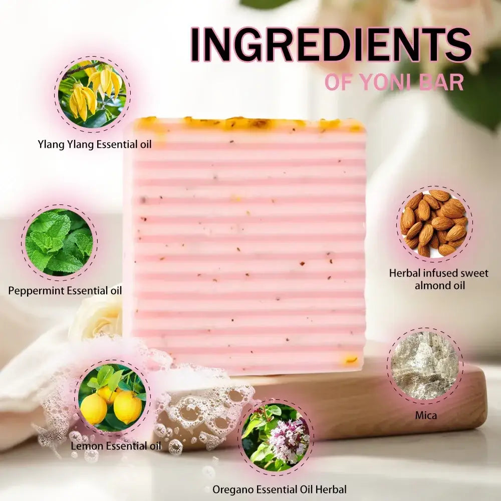 Pink yoni bar soap with horizontal stripes and specks designed for natural odor control and to reduce odor