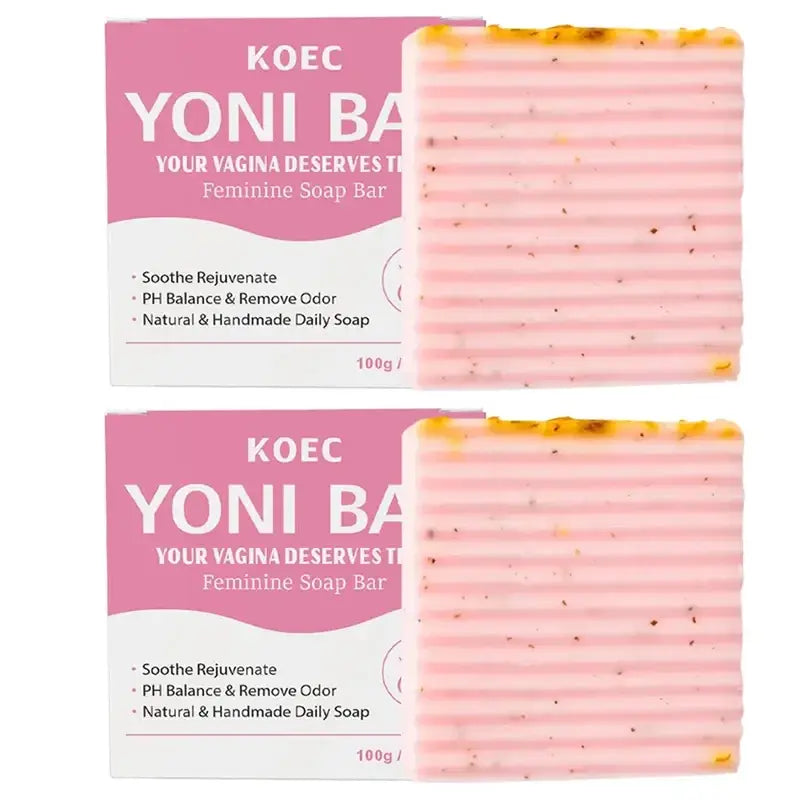 Pink striped yoni bar with speckled texture and yellow edges in pink and white box for natural odor control and reduce odor