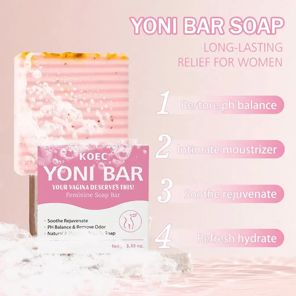 Pink striped yoni bar soap with yellow top in koec box designed for natural feminine odor control and reduce odor