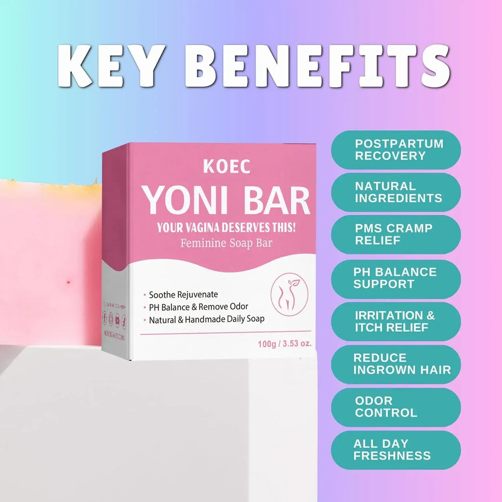 Pink and white box of Koec yoni bar natural feminine soap designed for odor control and to reduce odor