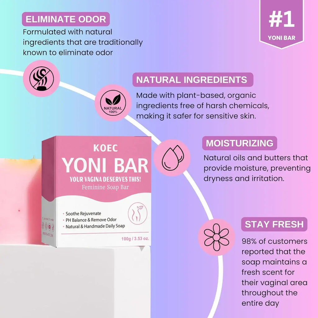 Pink and white rectangular box packaging for koec yoni bar natural feminine soap with odor control to reduce odor