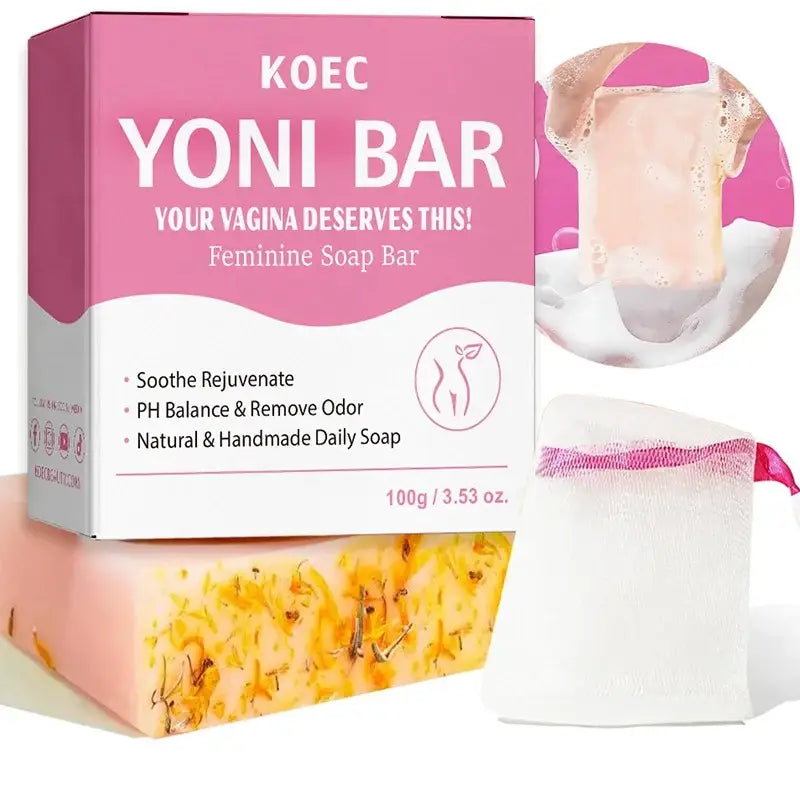 Pink and yellow floral-patterned koec yoni bar natural feminine soap for odor control and to reduce odor 100g package
