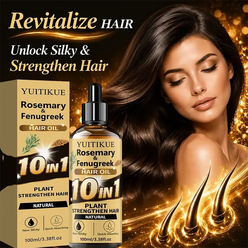 Yuitikue rosemary fenugreek hair oil in dark amber glass bottle with black dropper for damaged and weak hair care