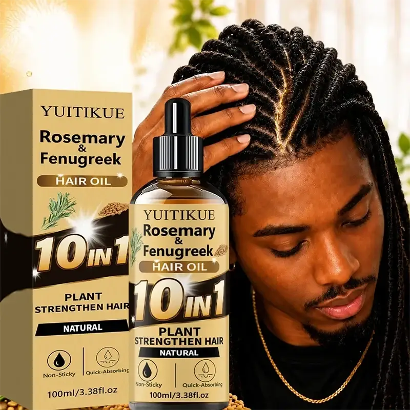 Yuitikue rosemary hair oil for damaged and weak hair in clear glass bottle with black dropper and gold label next to box