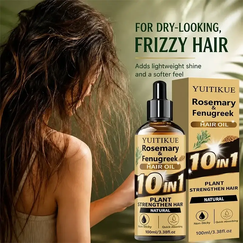 Yuitikue rosemary hair oil in dark amber glass bottle with dropper for strengthening damaged and weak hair