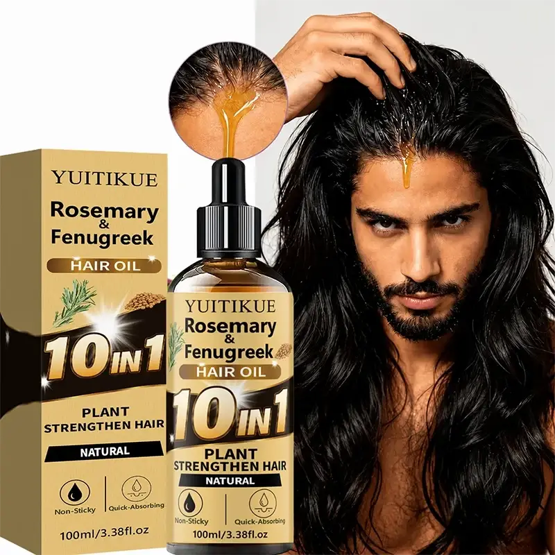 Yuitikue rosemary hair oil for damaged and weak hair in a clear glass bottle with black dropper and gold label next to its box