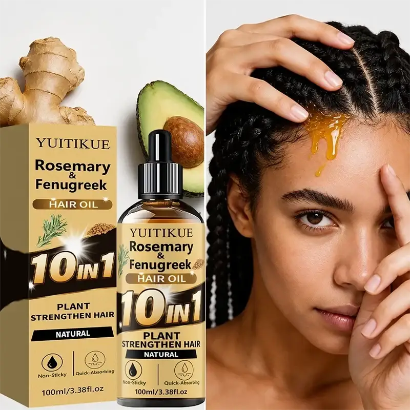 Yuitikue rosemary hair oil for damaged and weak hair in dark glass bottle with black dropper cap and gold label alongside box