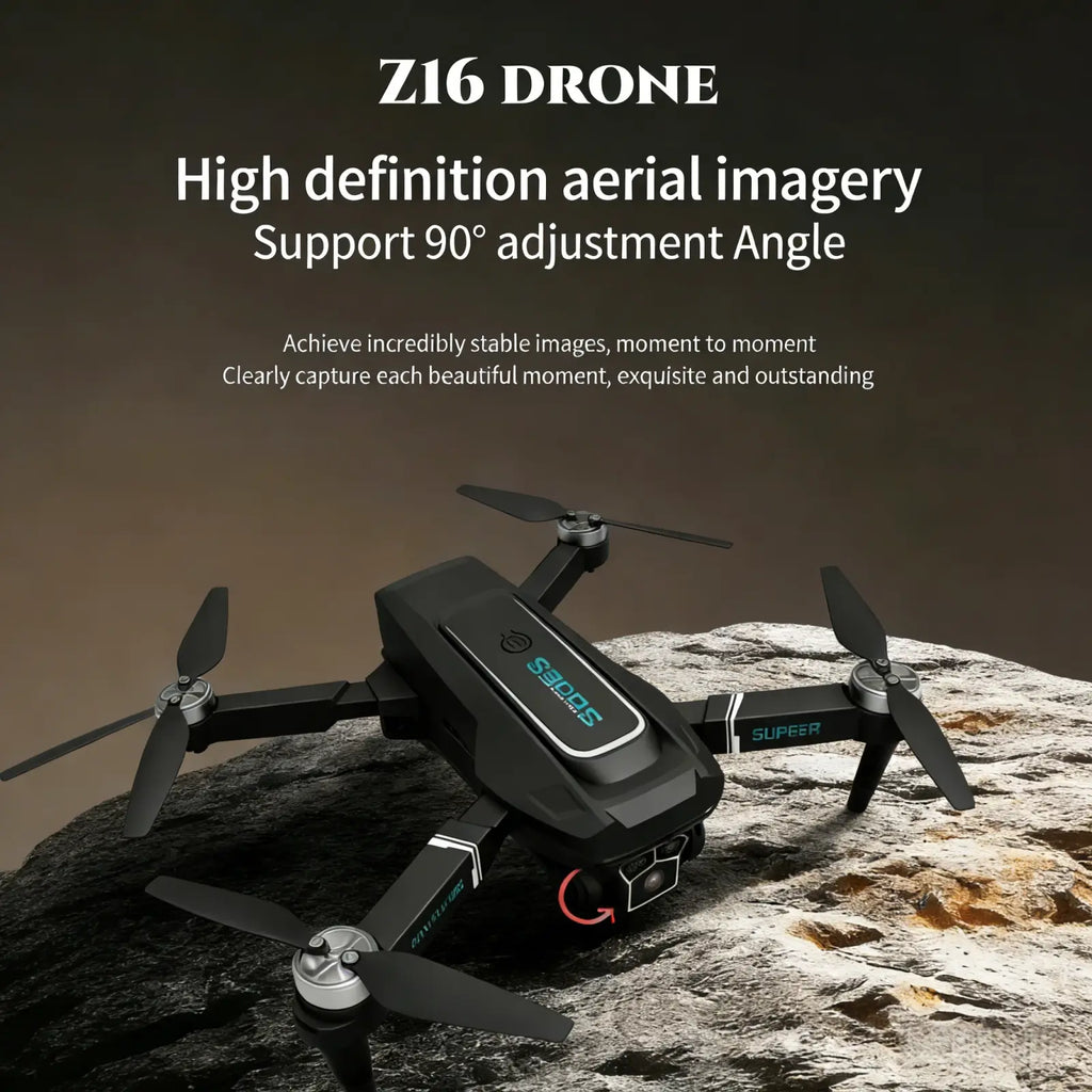 Black z16 foldable drone with three cameras and optical flow featuring sleek modern design and teal accent lighting