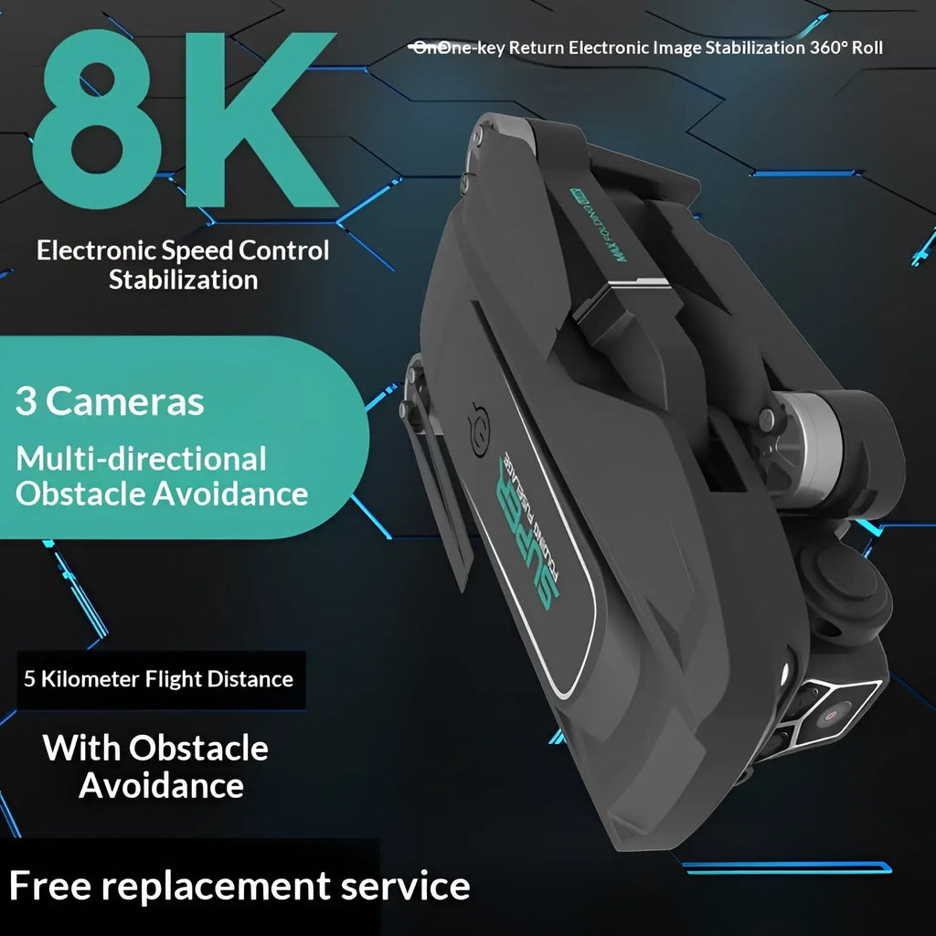 Black foldable Z16 drone with green accents and three cameras featuring optical flow technology shown from the back side