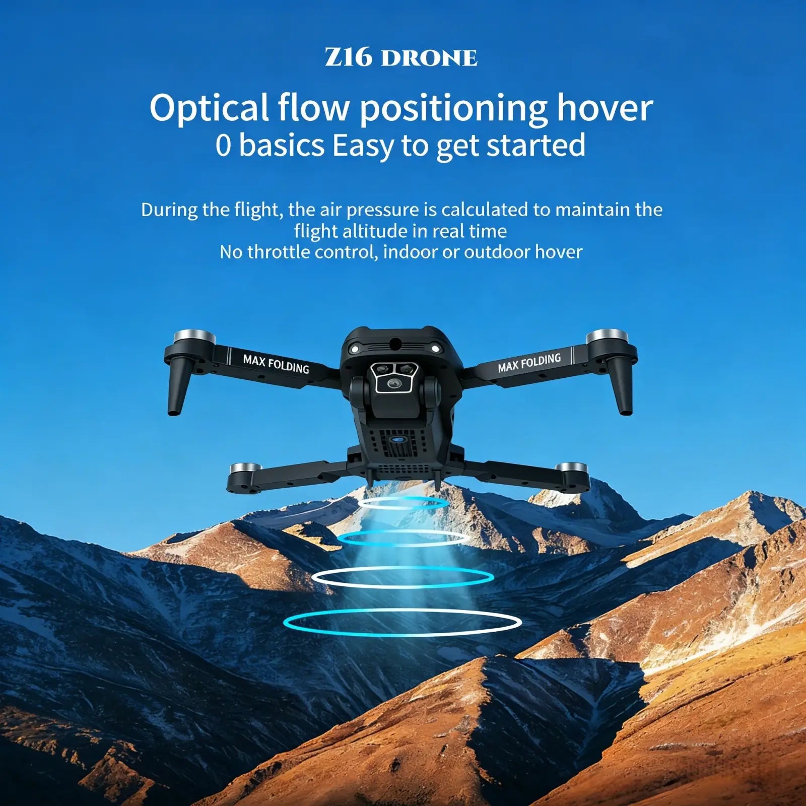 Black z16 foldable drone with three cameras and optical flow positioning technology showing folding arms