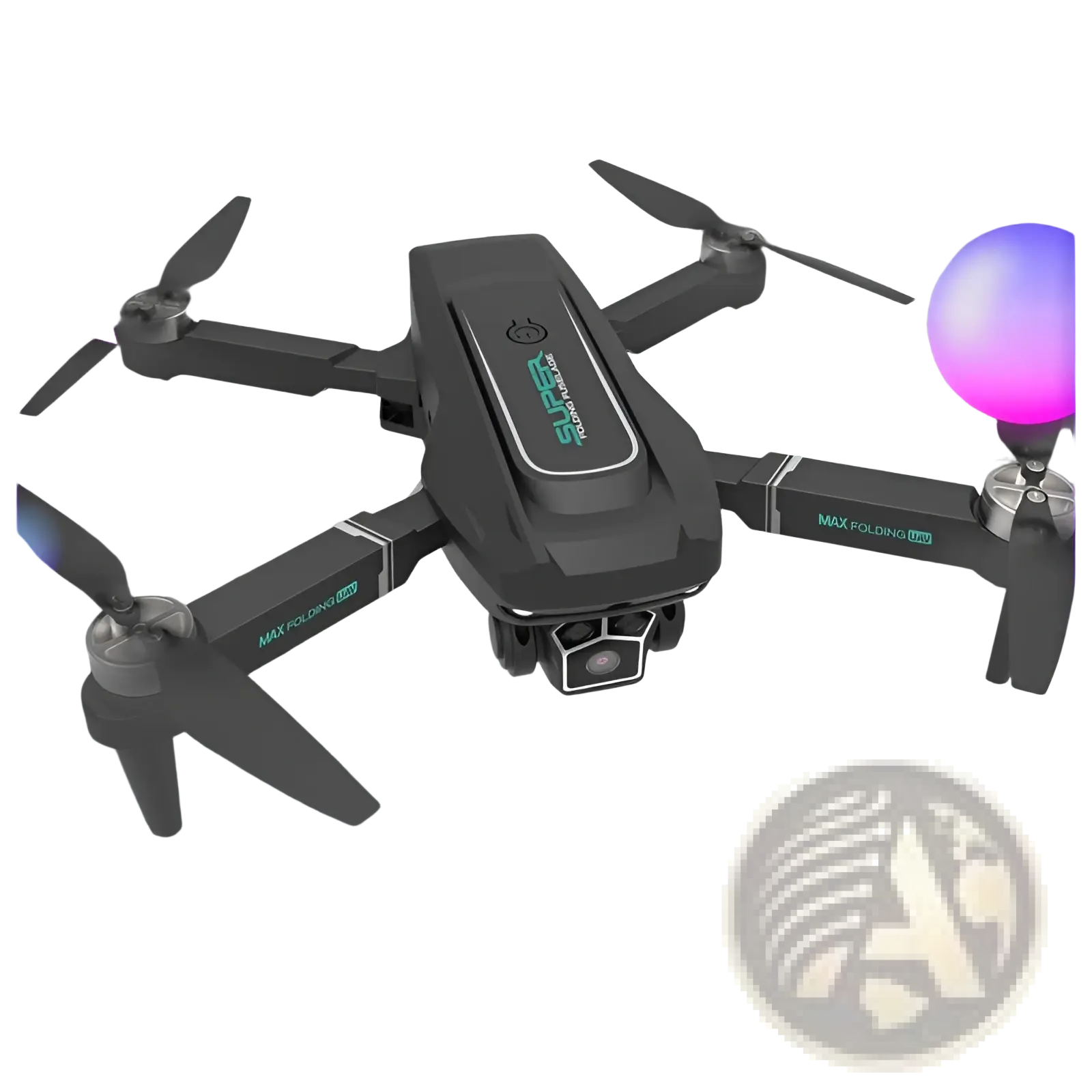 Black foldable z16 drone with green branding and a camera mounted below showcasing its front side design