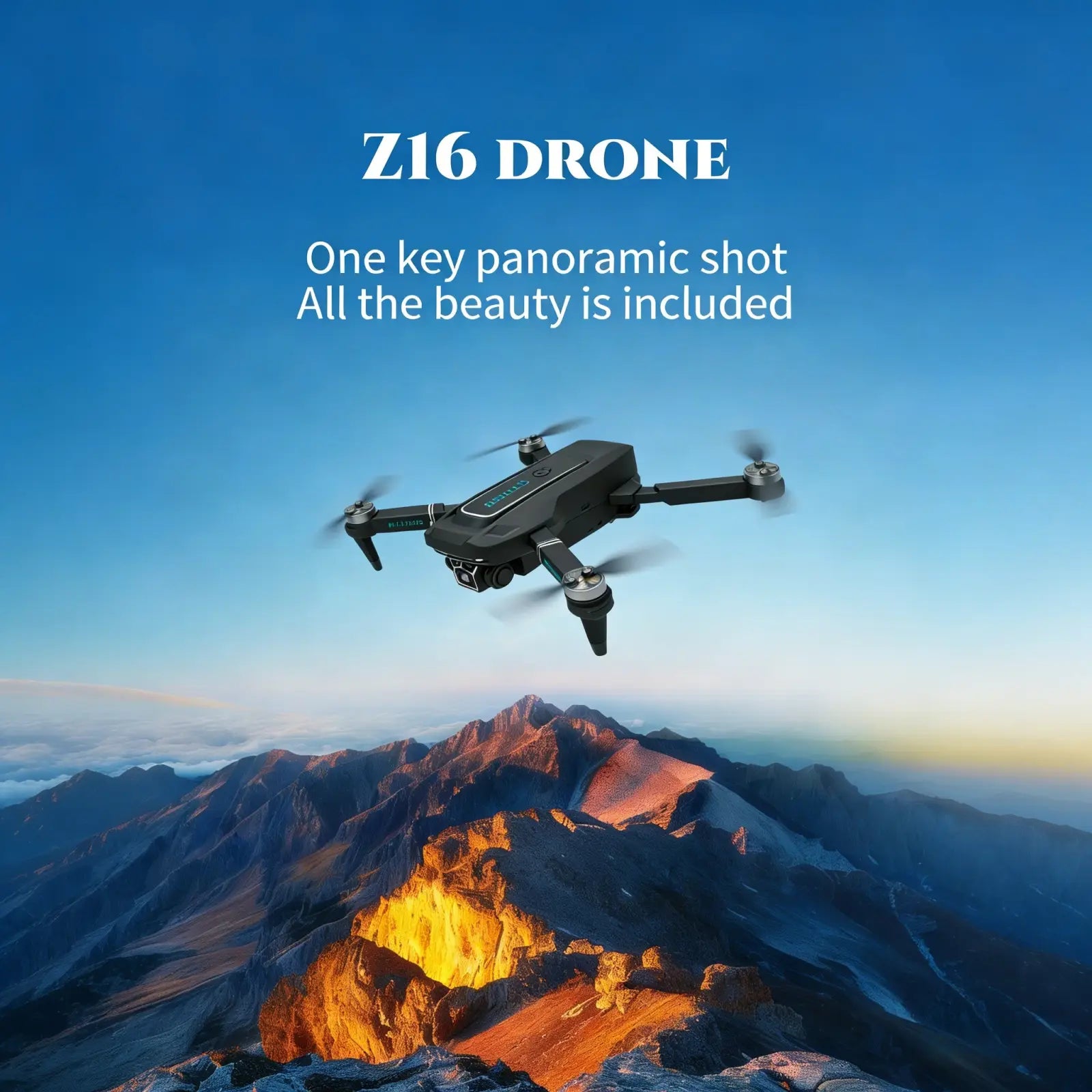 Black z16 foldable drone with four rotors and a camera hovering above mountain peaks under clear blue sky