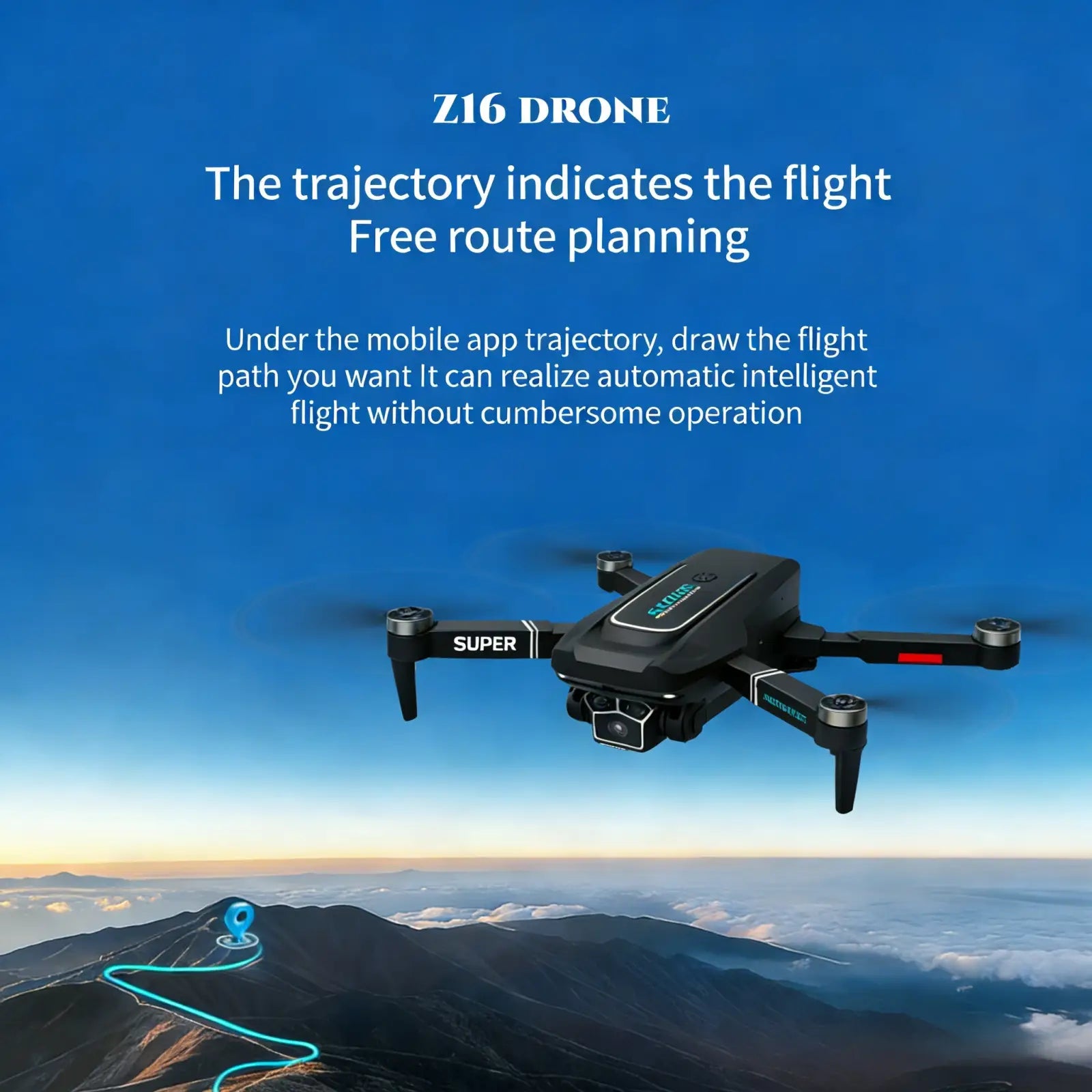 Black z16 foldable drone with three cameras and optical flow featuring super branding on arms and camera beneath