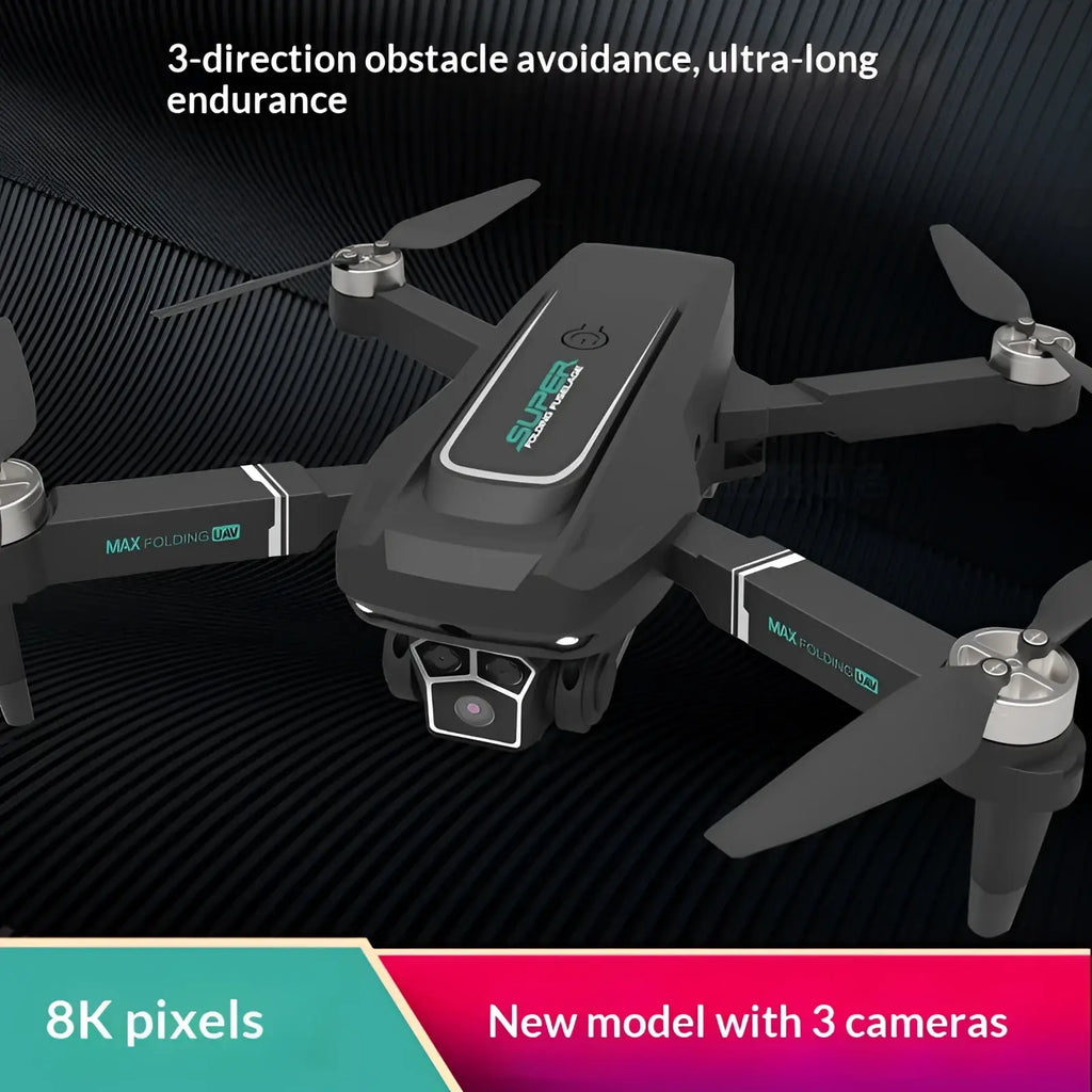 Black foldable z16 drone with silver accents featuring three cameras and a front-facing optical flow camera