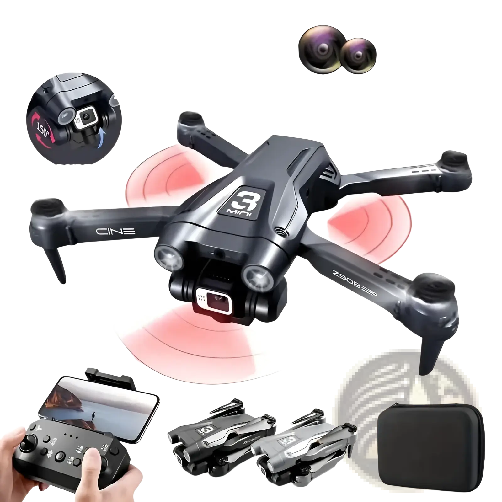 Black cine 3 mini z30s220 foldable arm drone with integrated camera, featured as Z908 Pro foldable dual camera drone for kids