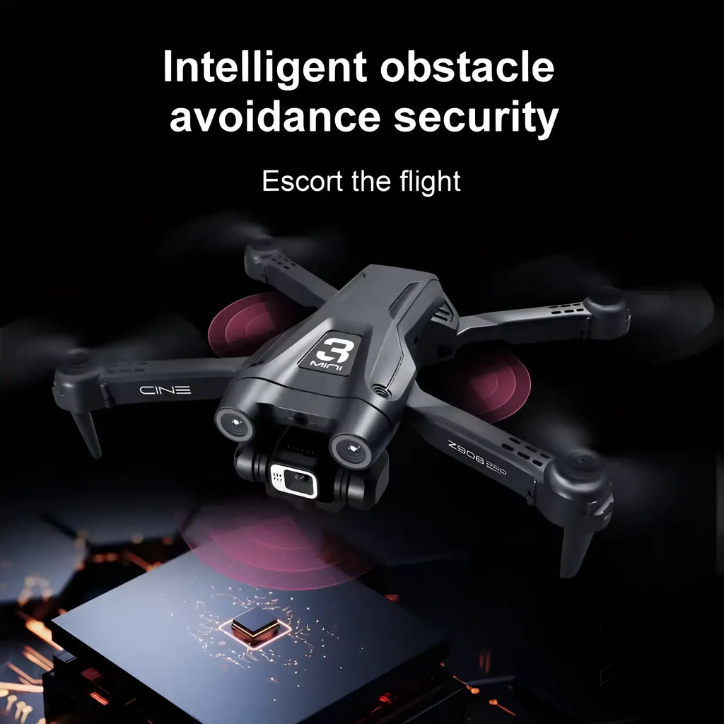Black cine 3 mini foldable drone with red propeller covers and front camera in Z908 Pro dual camera drone for kids