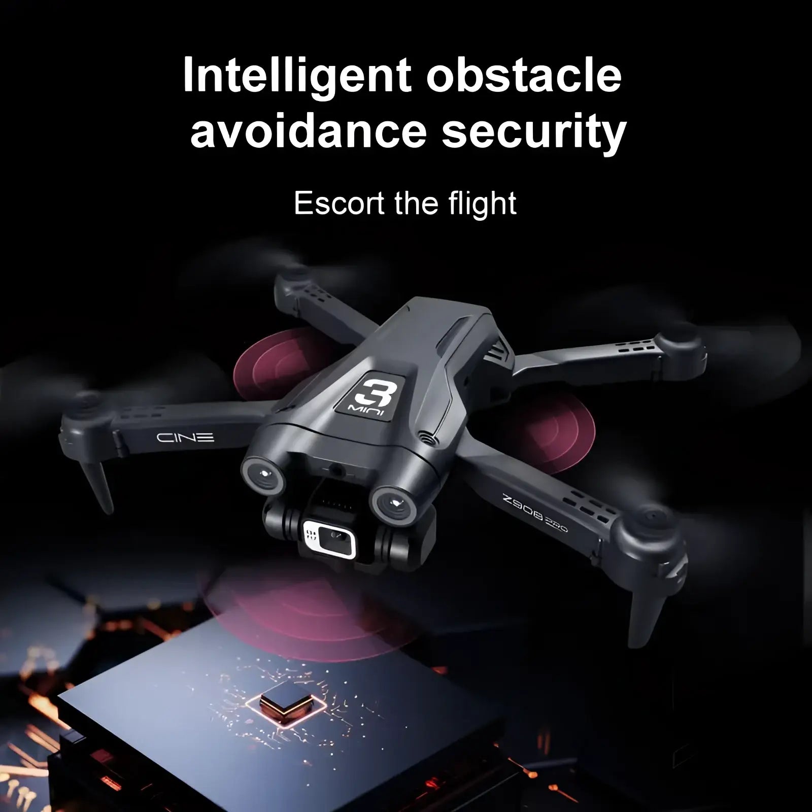 Black cine 3 mini foldable drone with red propeller covers and front camera in Z908 Pro dual camera drone for kids