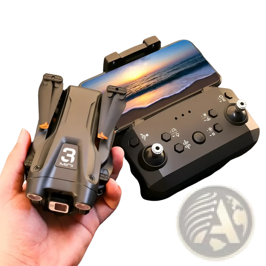 Black and orange foldable z908 pro dual camera drone for kids with 3 mini branding held next to matching remote controller