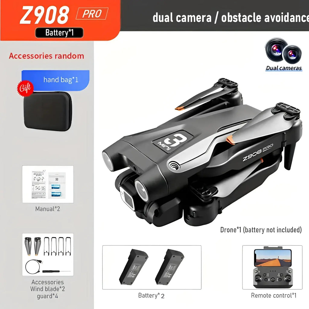 Black and silver z908 pro foldable drone for kids with dual cameras shown from the back side