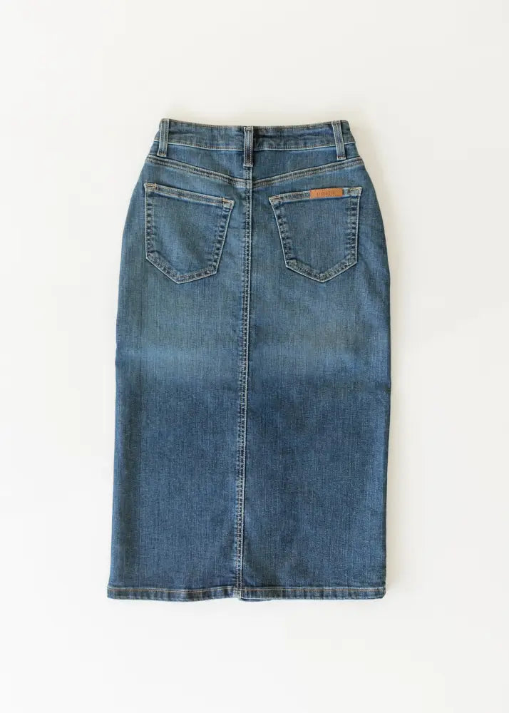 Zana front button denim midi skirt in faded blue with mid-waist fit and subtle whiskering details