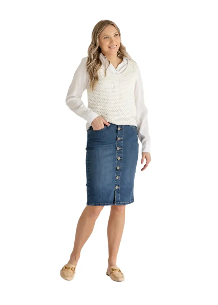 Blue denim midi pencil skirt with front button closure and side slit for stylish casual wear