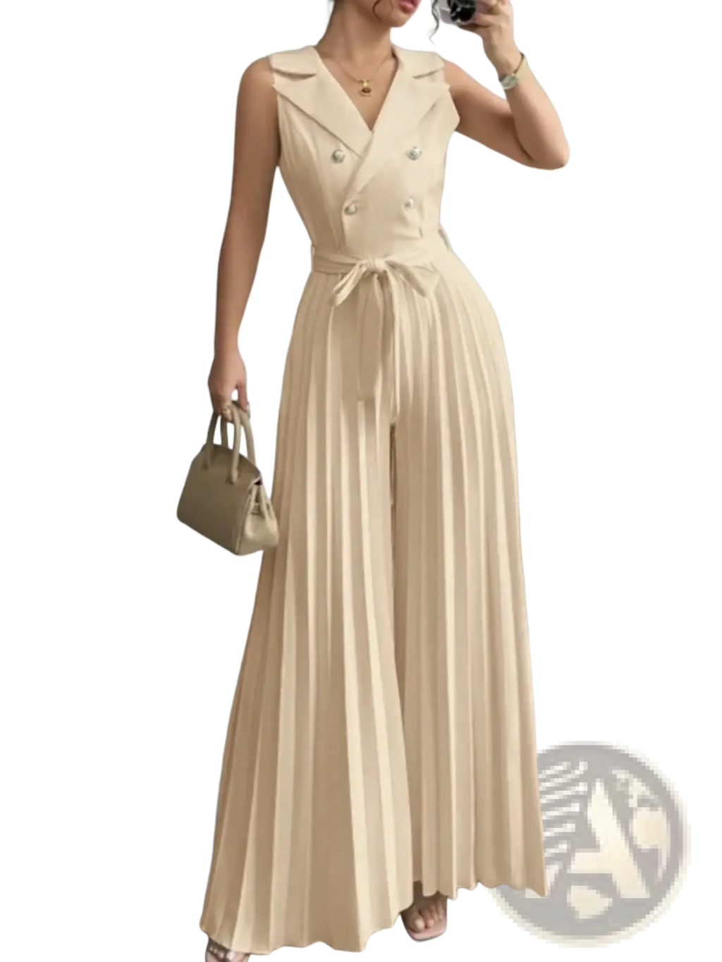 Beige sleeveless double-breasted Zanzea pleated wide leg jumpsuit with belted waist and pleated pants