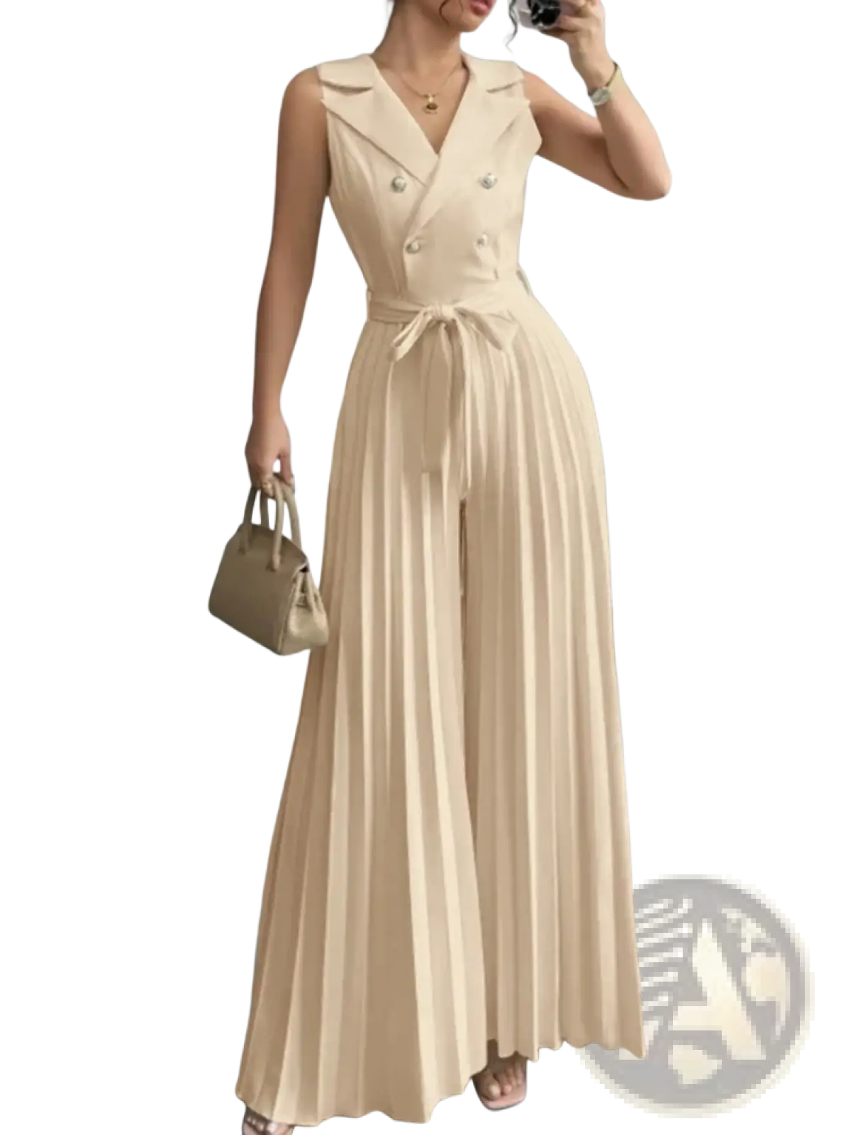 Beige sleeveless double-breasted Zanzea pleated wide leg jumpsuit with belted waist and pleated pants