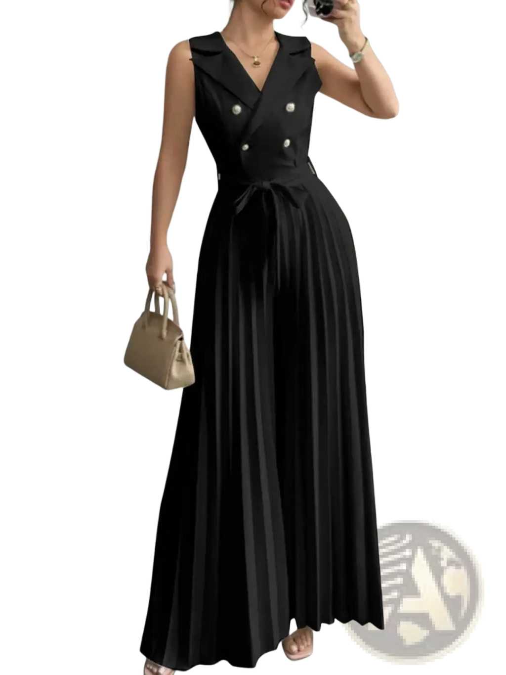Black sleeveless double-breasted maxi dress with pleated skirt and silver buttons from Zanzea pleated wide leg jumpsuit collection
