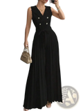 Black sleeveless double-breasted maxi dress with pleated skirt and silver buttons from zanzea pleated wide leg jumpsuit collection