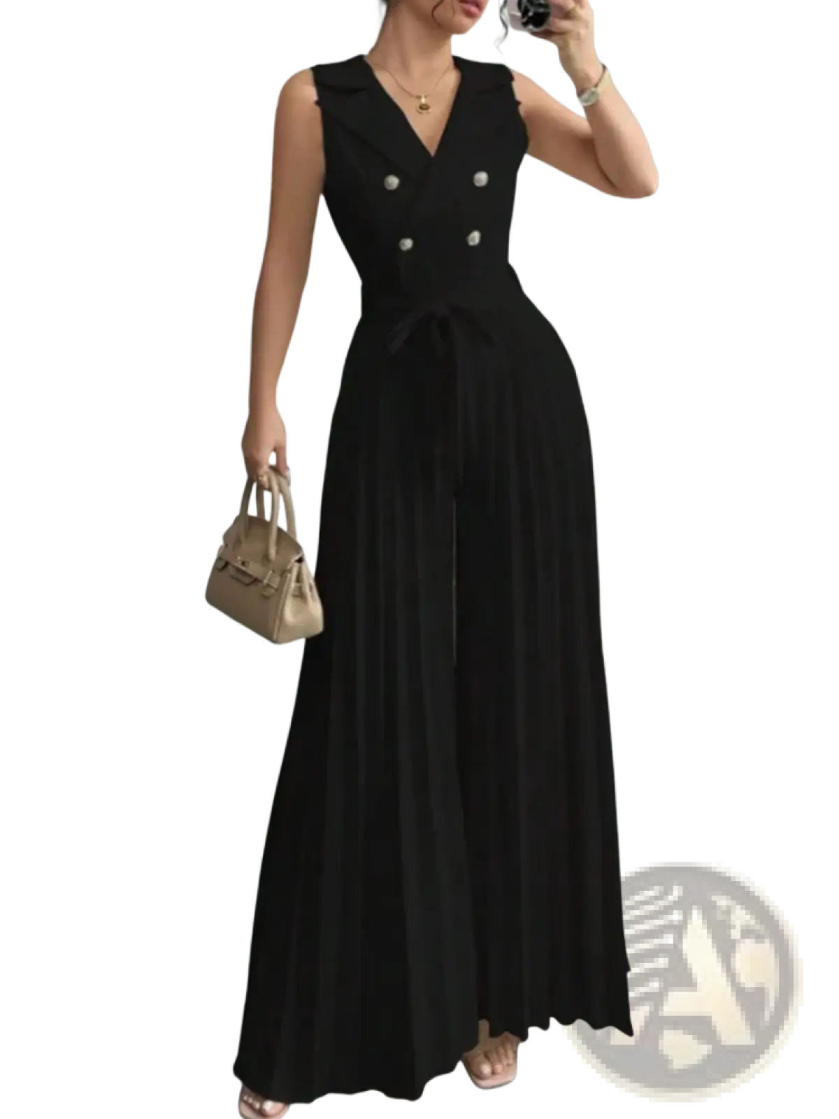 Black sleeveless double-breasted maxi dress with pleated skirt and silver buttons from zanzea pleated wide leg jumpsuit collection