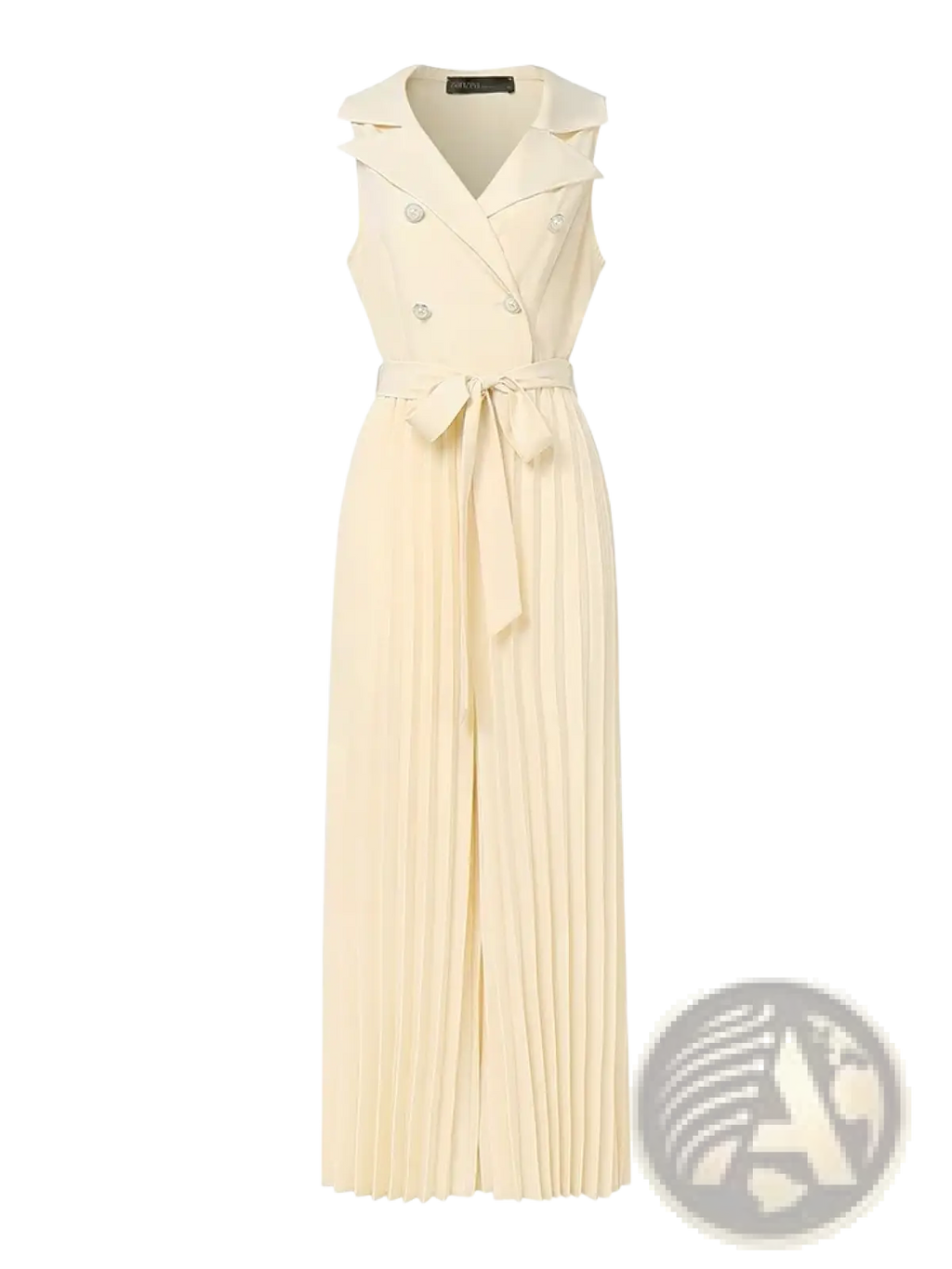 Cream-colored sleeveless pleated maxi dress with double-breasted collar and matching belt by Zanzea