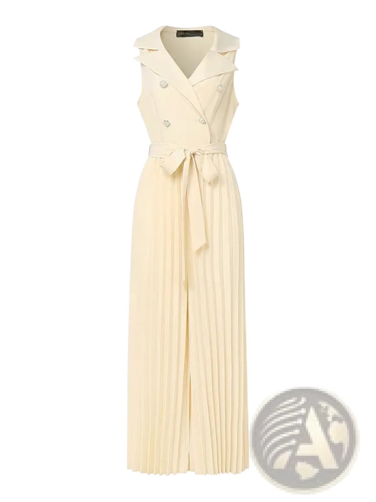 Cream-colored sleeveless pleated maxi dress with double-breasted collar and matching belt by Zanzea