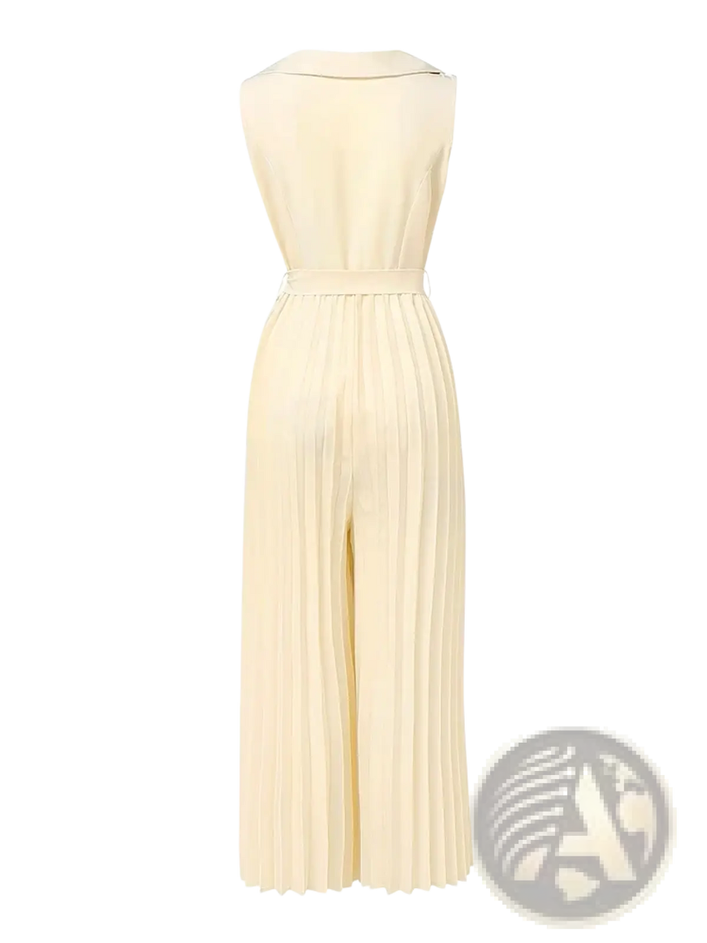 Cream-colored sleeveless Zanzea pleated wide leg jumpsuit with matching belt and pleated skirt detail